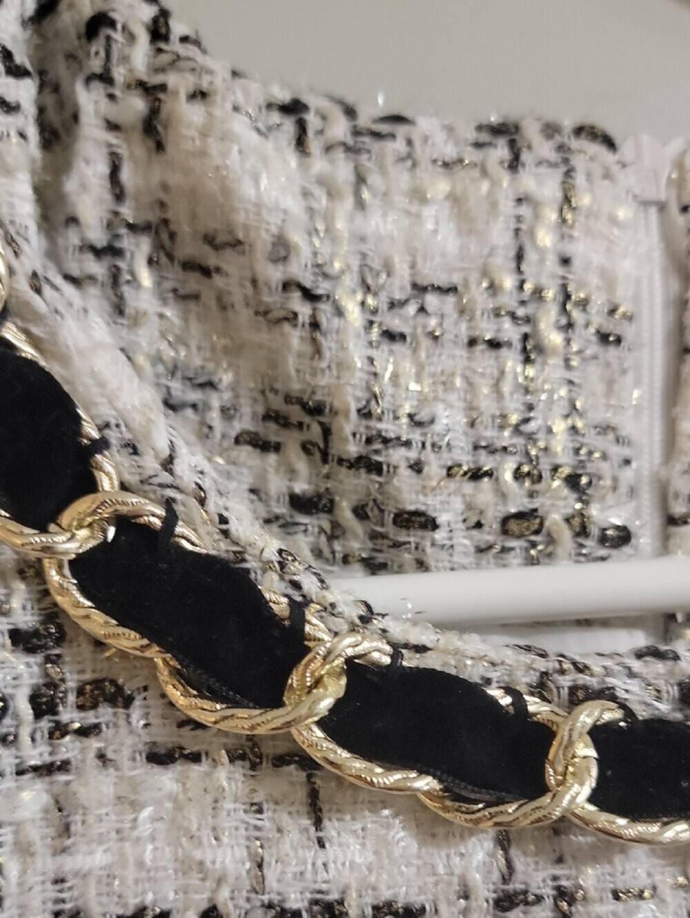 Tweed Peplum Dress with Gold Chain Trim - White & Black - Picture 4 of 5